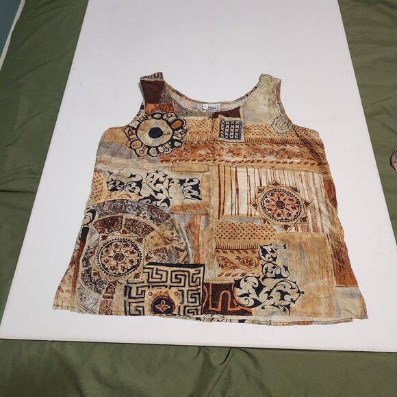 Vintage 80s 90s Stunt 100%  Silk Tank Top Blouse sz M/L brown earth tone ethnic - Picture 2 of 13